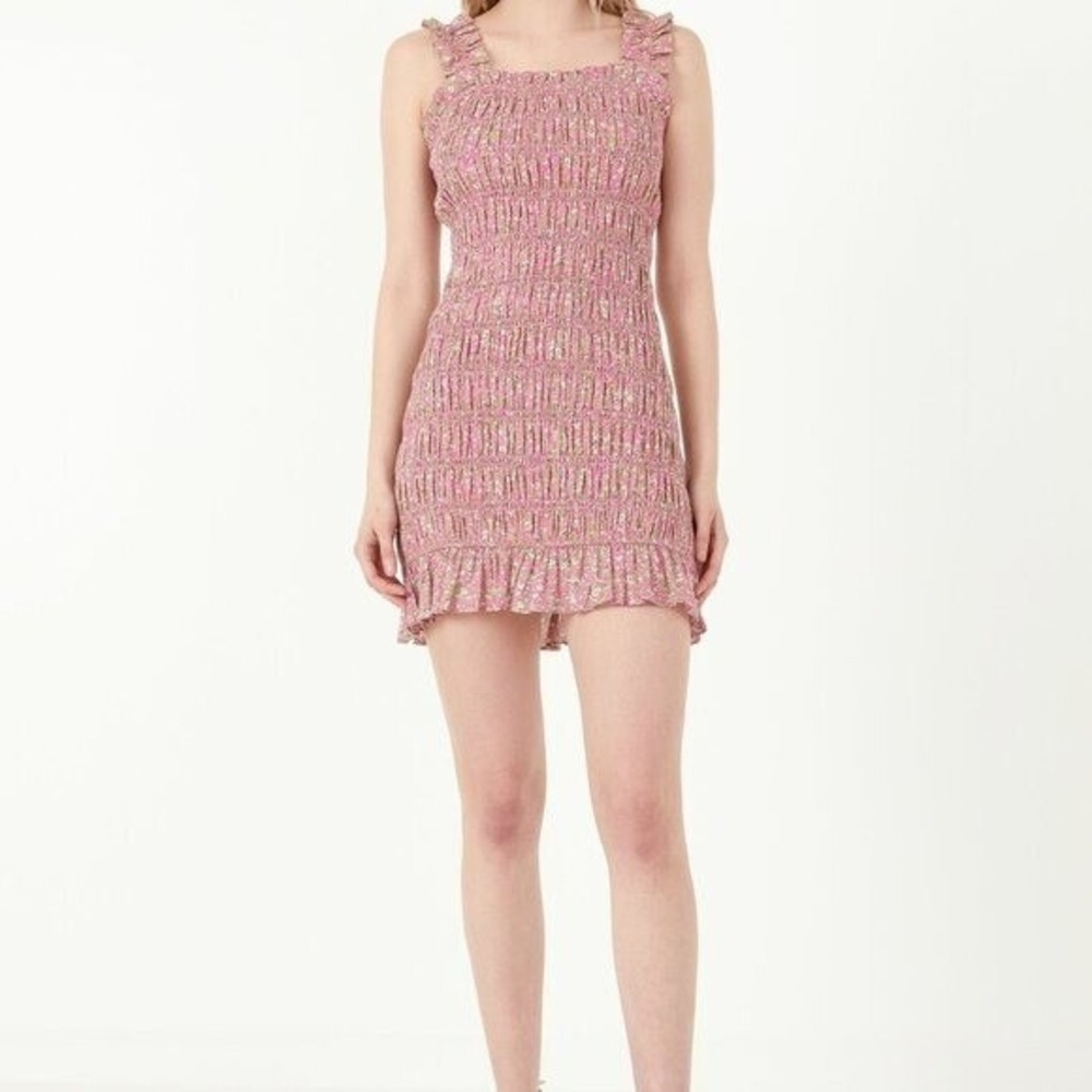FREE THE ROSES All Over Smocked‎ Ruffle Mini Dress  Size Small